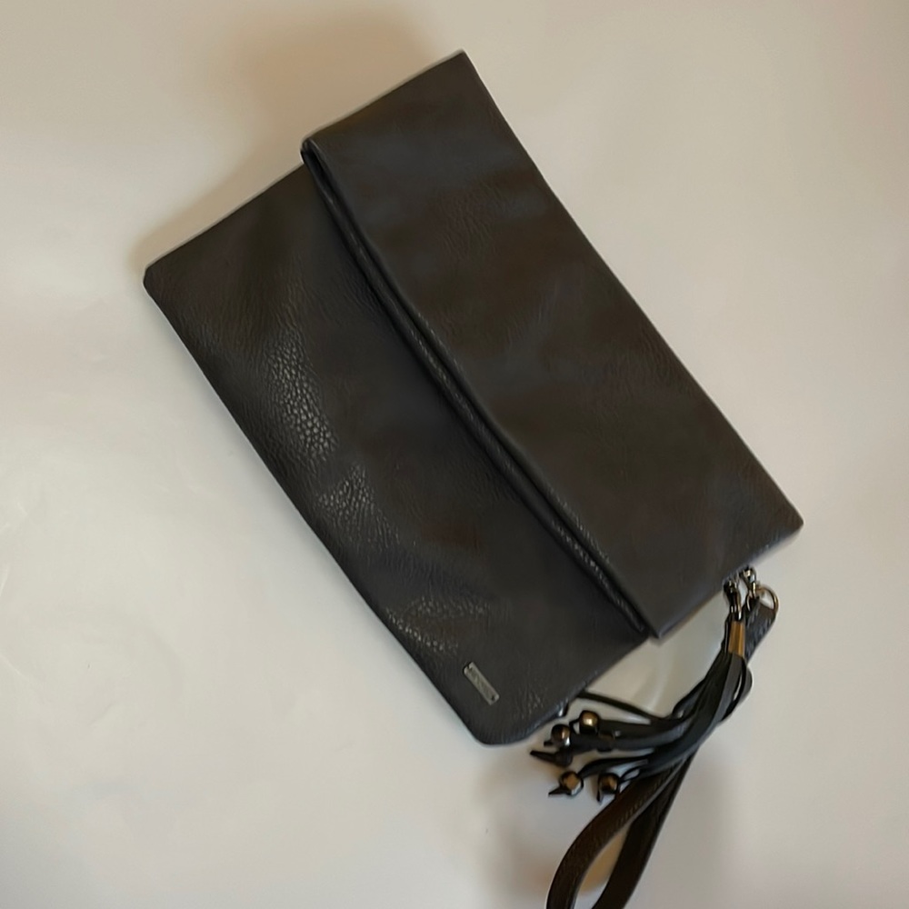 Gray leather hand bag